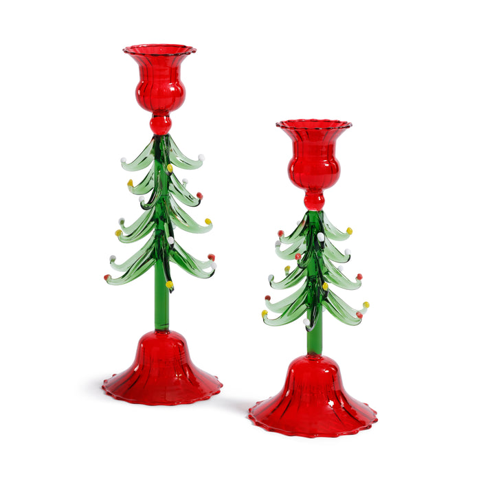 Zodax Holiday Tree Taper Candle Holders, Set of 4, Red & Green, 9.25"