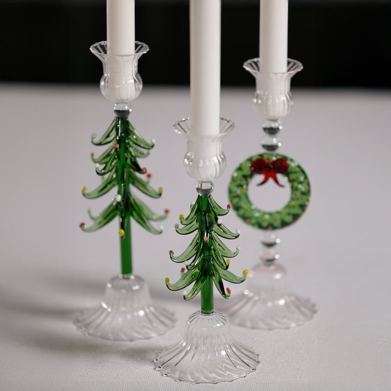 Zodax Holiday Tree Taper Candle Holders, Set of 4, Clear & Green, 9.25"