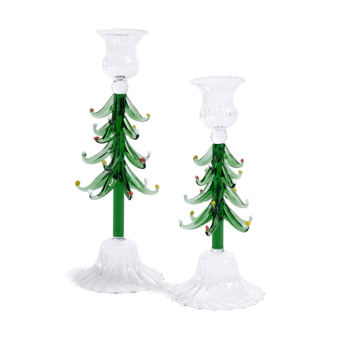 Zodax Holiday Tree Taper Candle Holders, Set of 4, Clear & Green, 9.25"