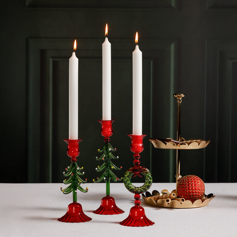 Zodax Holiday Wreath Taper Candle Holders, Set of 4, Red & Green