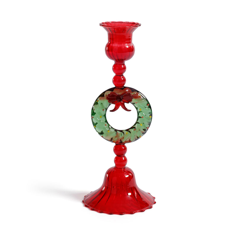 Zodax Holiday Wreath Taper Candle Holders, Set of 4, Red & Green