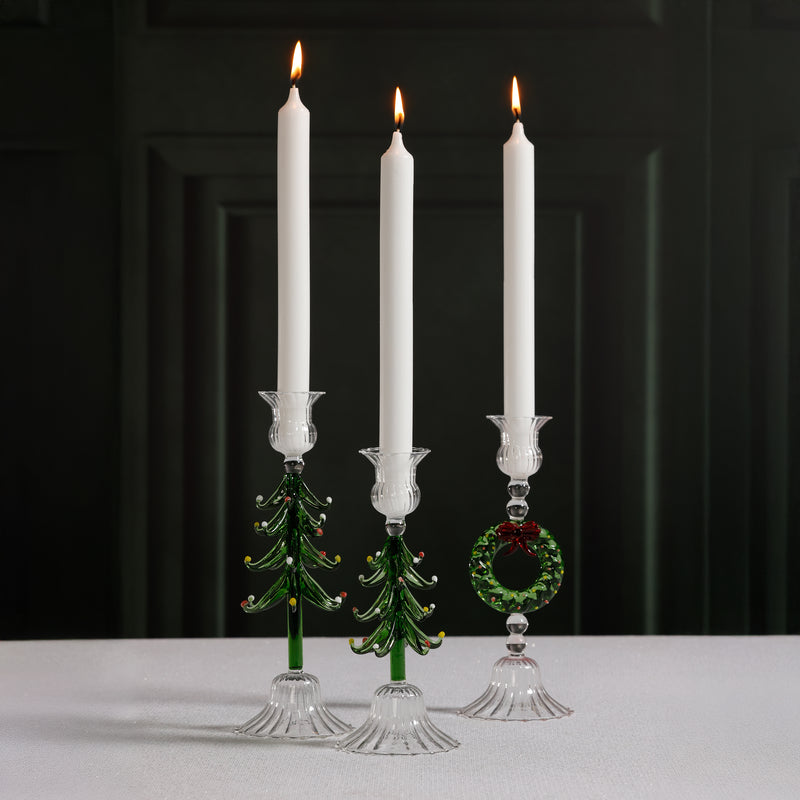 Zodax Holiday Wreath Taper Candle Holders, Set of 4, Clear & Green