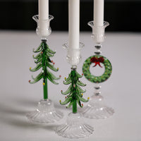 Zodax Holiday Wreath Taper Candle Holders, Set of 4, Clear & Green