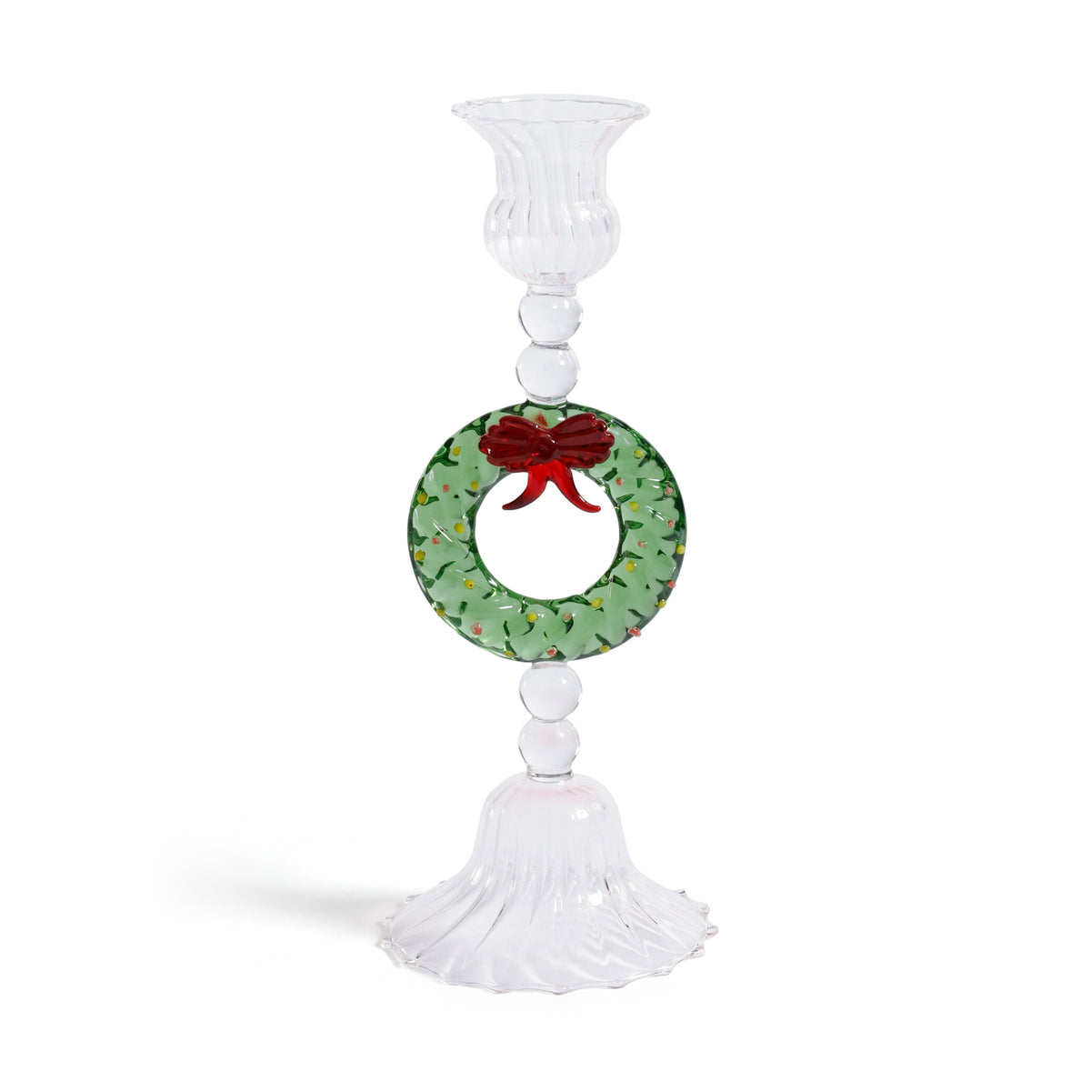 Zodax Holiday Wreath Taper Candle Holders, Set of 4, Clear & Green