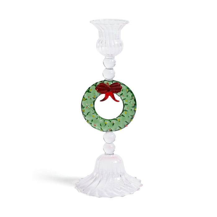 Zodax Holiday Wreath Taper Candle Holders, Set of 4, Clear & Green