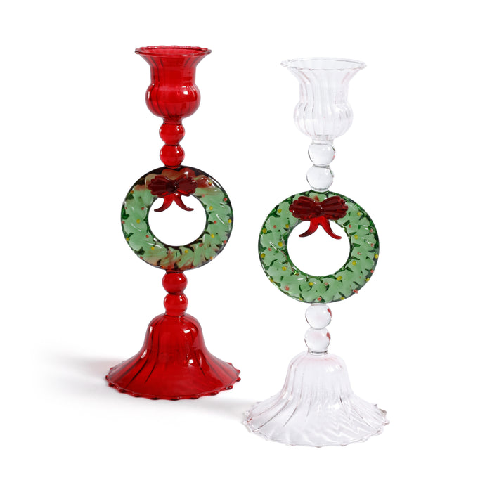 Zodax Holiday Wreath Taper Candle Holders, Set of 4, Clear & Green