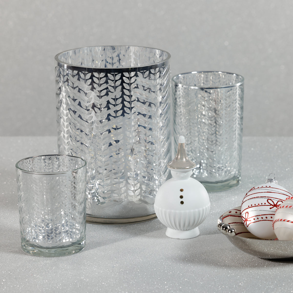 Zodax Laser-Etched Metallic Glass Hurricane Candle Holders, Set of 2, Silver