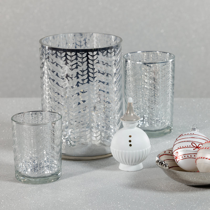 Zodax Laser-Etched Metallic Glass Hurricane Candle Holders, Set of 2, Silver