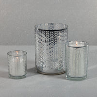 Zodax Laser-Etched Metallic Glass Hurricane Candle Holders, Set of 2, Silver