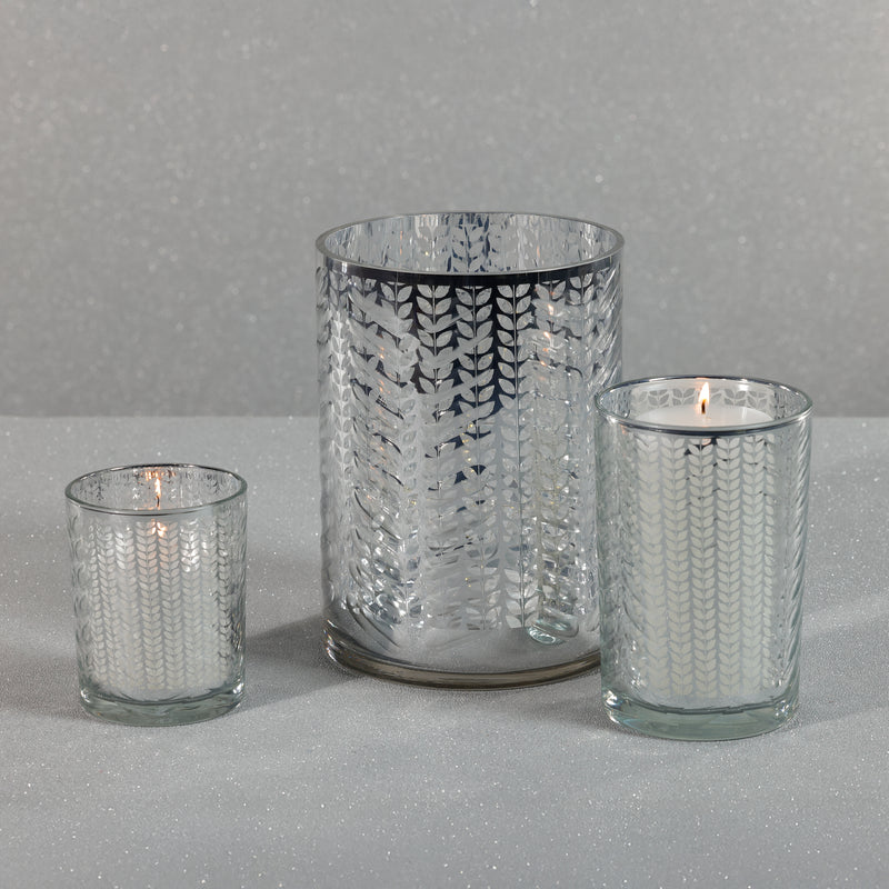 Zodax Laser-Etched Metallic Glass Hurricane Candle Holders, Set of 2, Silver