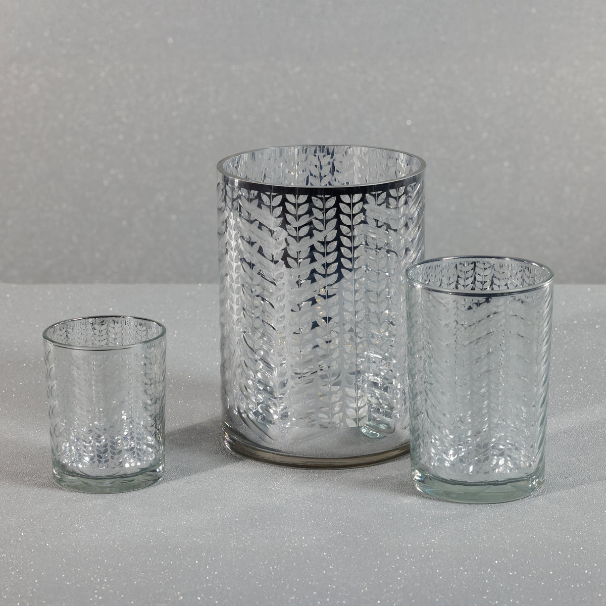 Zodax Laser-Etched Metallic Glass Hurricane Candle Holders, Set of 2, Silver
