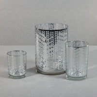 Zodax Laser-Etched Metallic Glass Hurricane Candle Holders, Set of 2, Silver