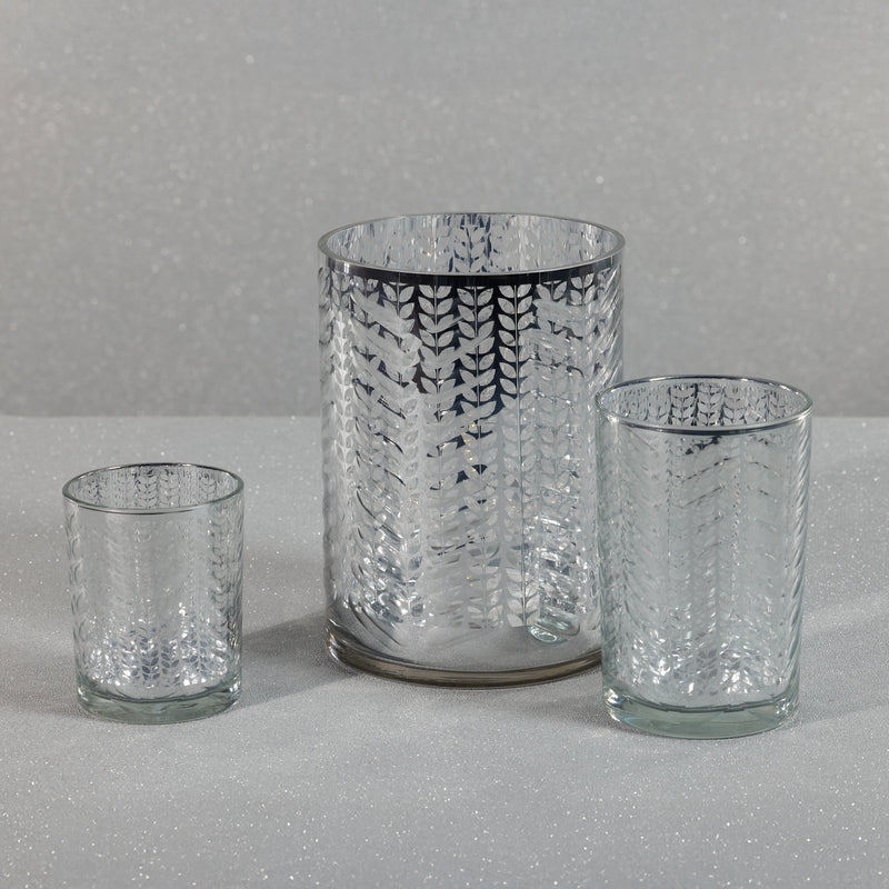 Zodax Laser-Etched Metallic Glass Hurricane Candle Holders, Set of 2, Silver