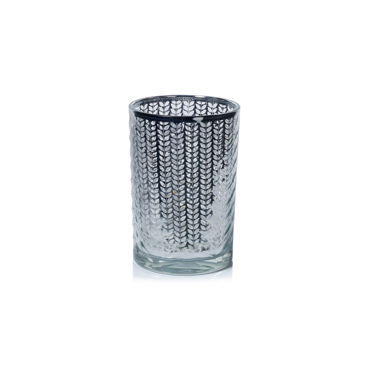 Zodax Laser-Etched Metallic Glass Hurricane Candle Holder, Silver, 7"
