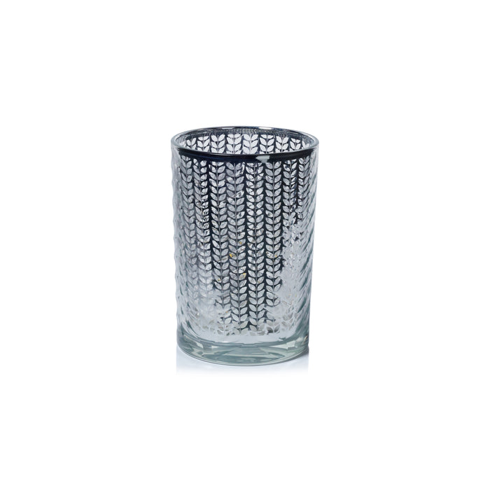 Clear glass tumbler with black ribbed pattern on a white background