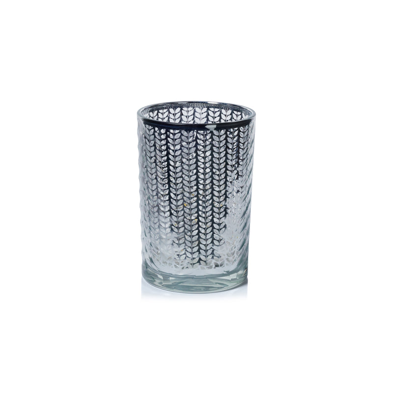 Zodax Laser-Etched Metallic Glass Hurricane Candle Holder, Silver, 7"