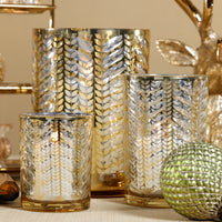 Zodax Laser-Etched Metallic Glass Hurricane Candle Holders, Set of 2, Gold