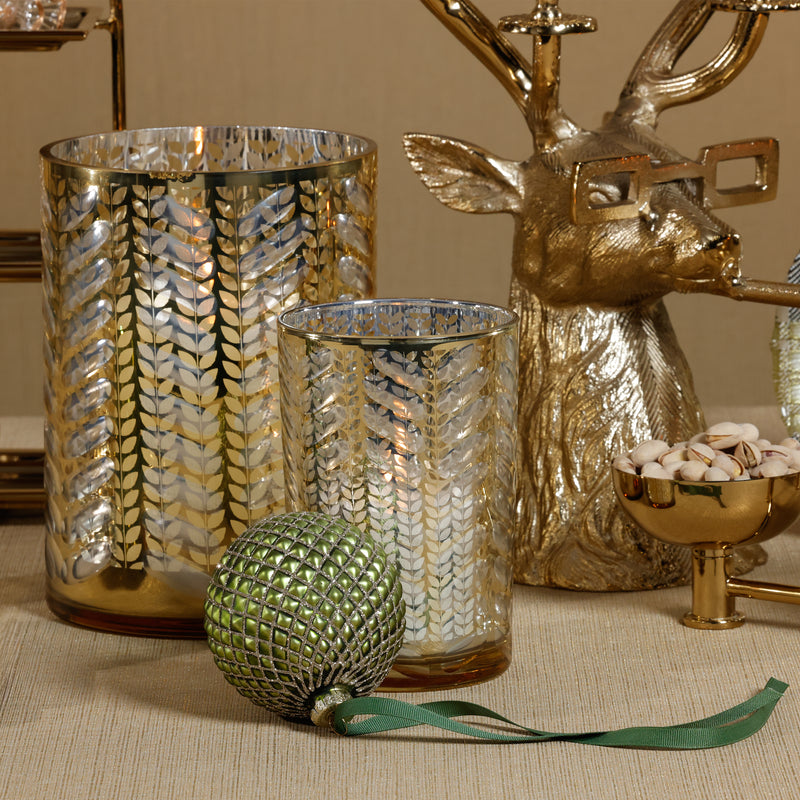 Zodax Laser-Etched Metallic Glass Hurricane Candle Holder, Gold, 7"