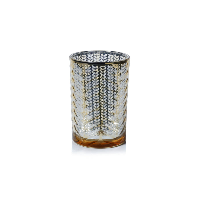 Zodax Laser-Etched Metallic Glass Hurricane Candle Holder, Gold, 7"