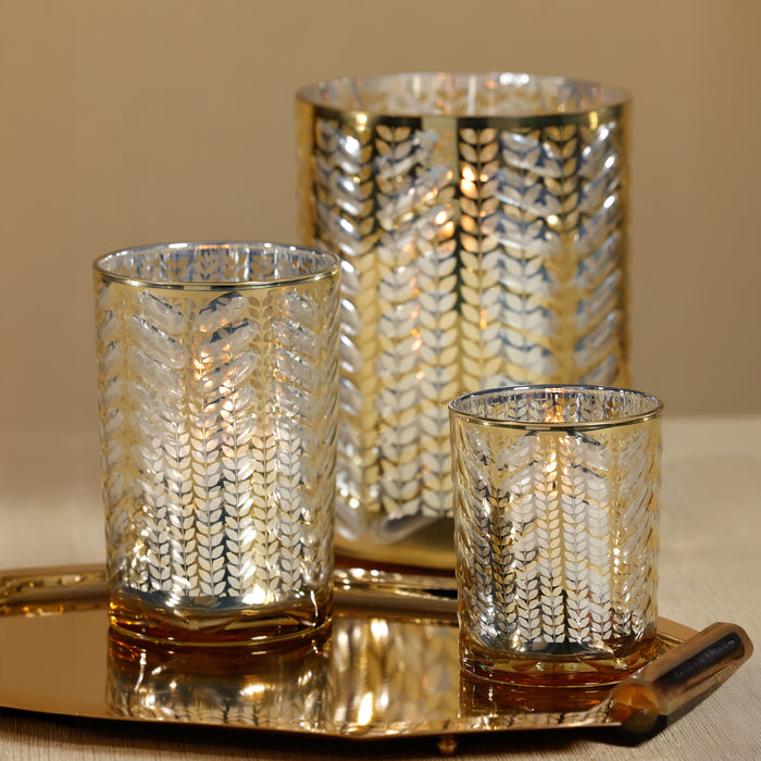 Zodax Laser-Etched Metallic Glass Hurricane Candle Holder, Gold, 9.5"