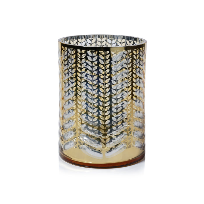 Zodax Laser-Etched Metallic Glass Hurricane Candle Holder, Gold, 9.5"