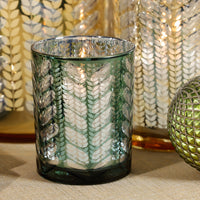 Zodax Laser-Etched Metallic Glass Hurricane Candle Holders, Set of 2, Green