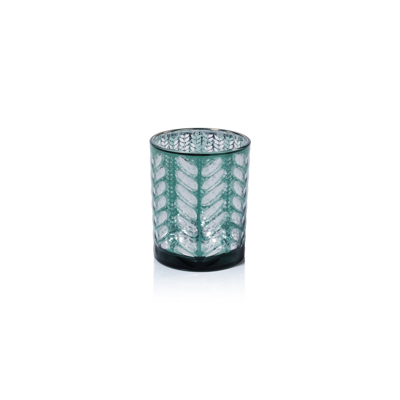 Zodax Laser-Etched Metallic Glass Hurricane Candle Holders, Set of 2, Green