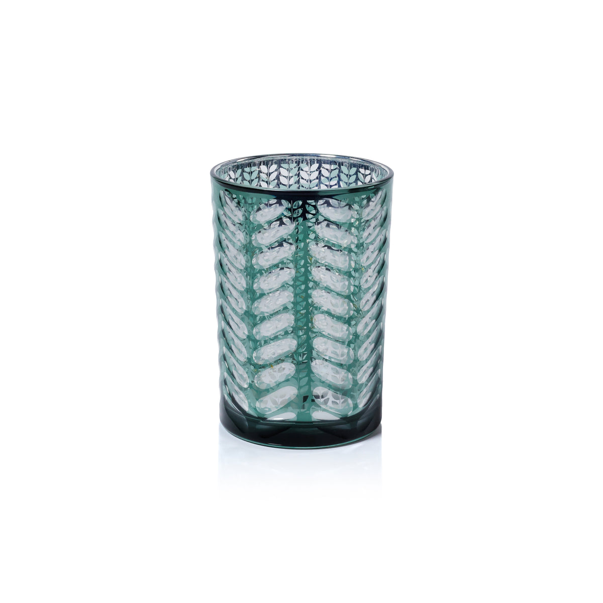 Zodax Laser-Etched Metallic Glass Hurricane Candle Holder, Green, 7"