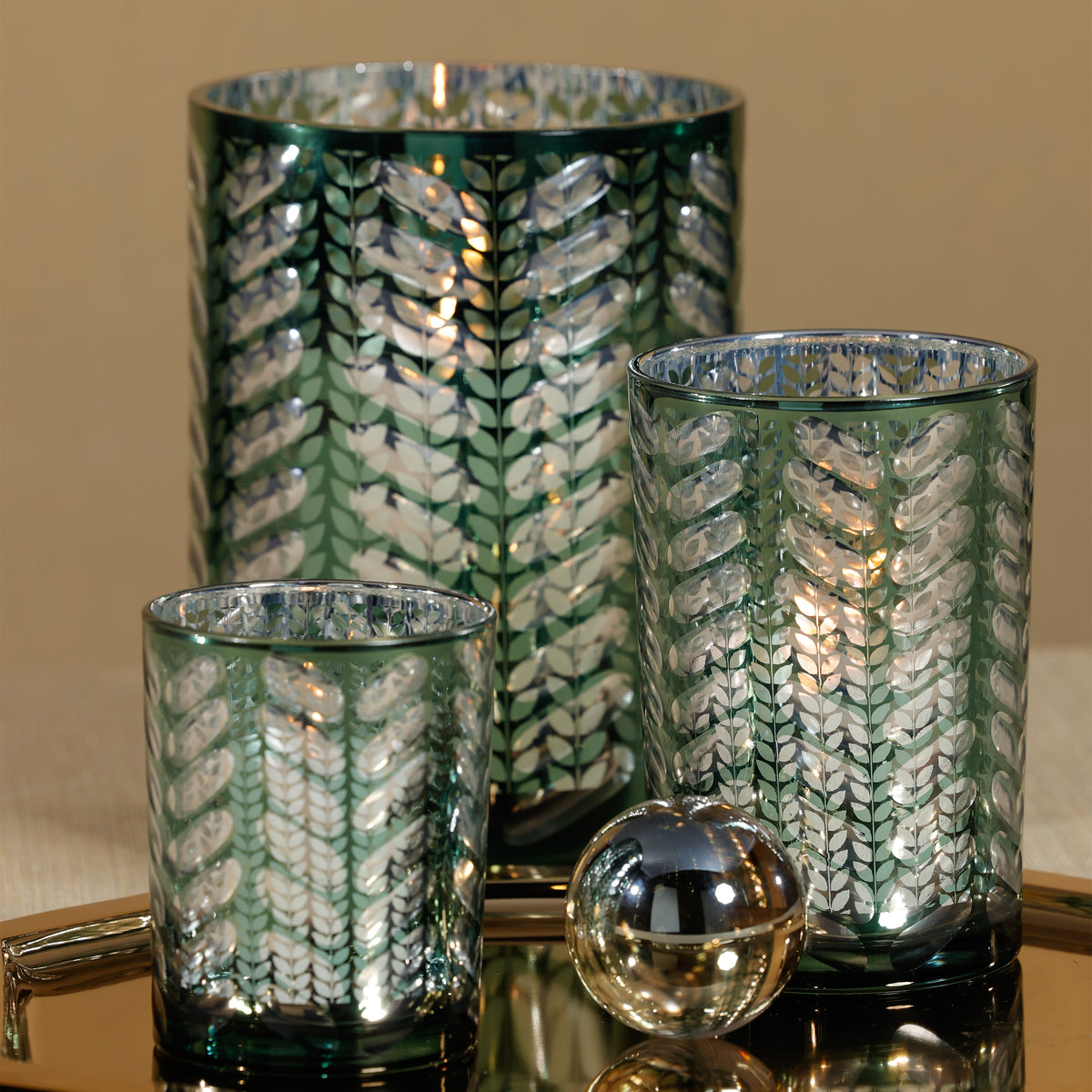 Zodax Laser-Etched Metallic Glass Hurricane Candle Holder, Green, 9.5"