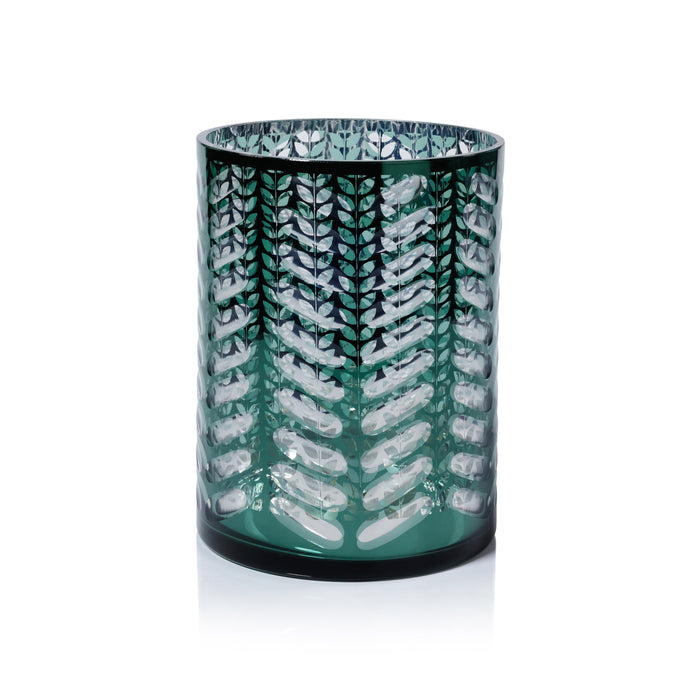 Zodax Laser-Etched Metallic Glass Hurricane Candle Holder, Green, 9.5"