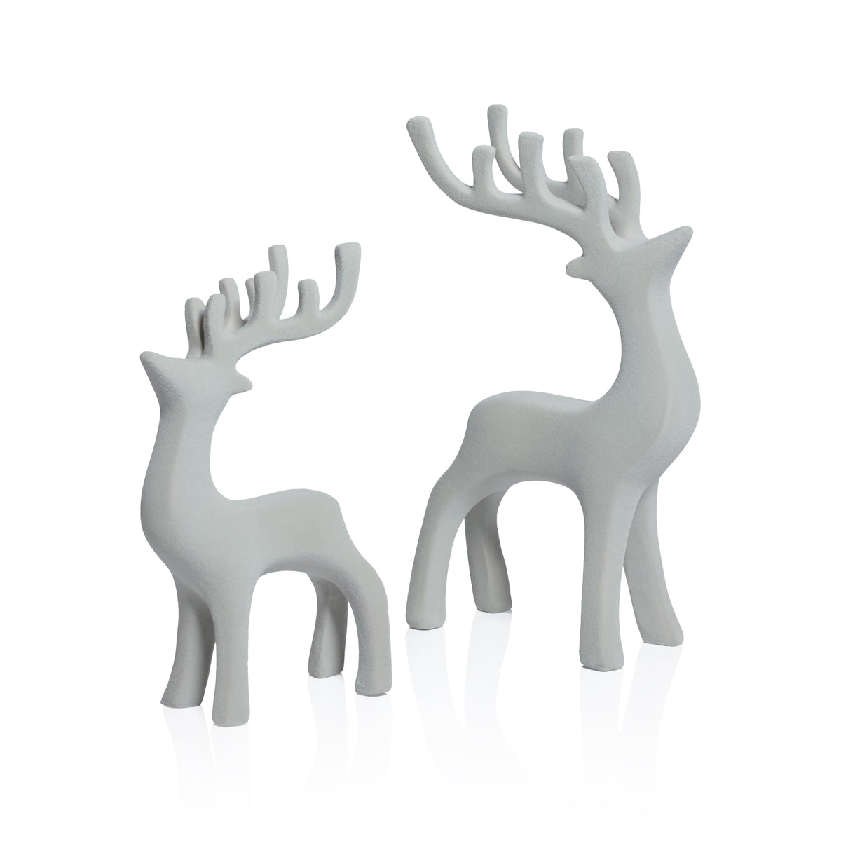 Zodax Flocked Gray Deer Figurines, Set of 2 Assorted Sizes, 8.75" & 11.5", Holiday Decorations