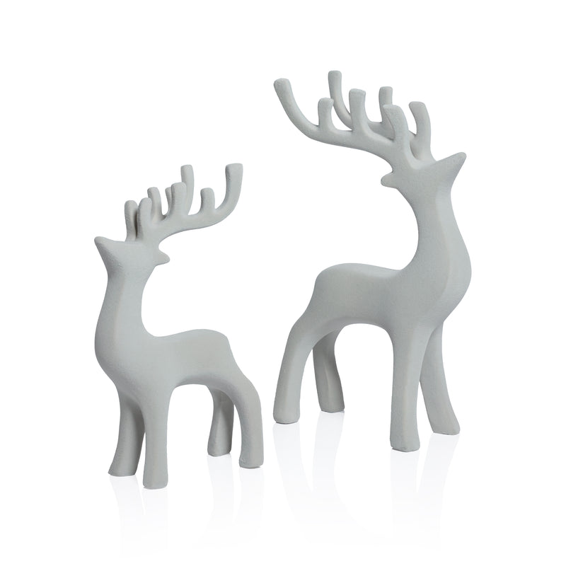 Zodax Flocked Gray Deer Figurines, Set of 2 Assorted Sizes, 8.75" & 11.5", Holiday Decorations