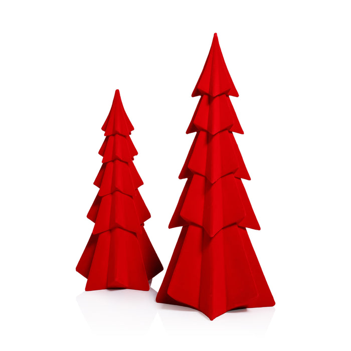 Zodax Flocked Decorative Trees - Holiday Tabletop Décor, Set of 4, Red, 12.5"