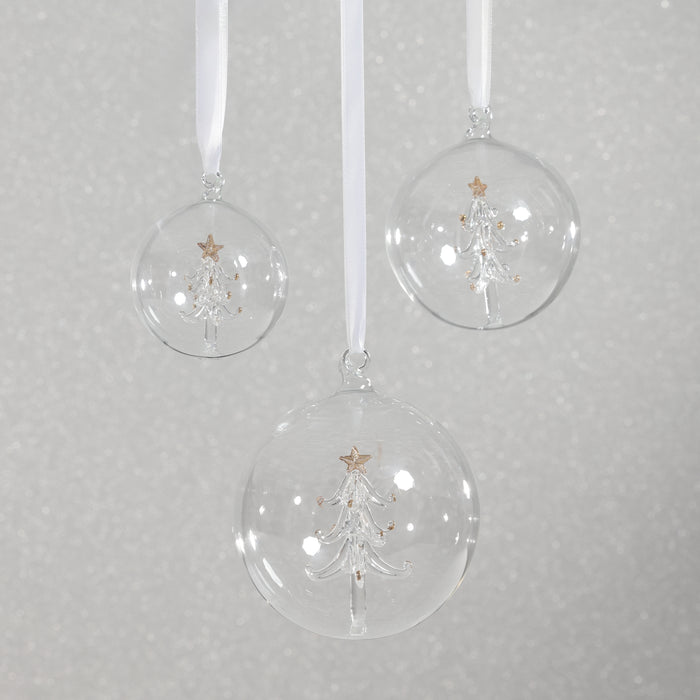 Zodax Clear Glass Ball Ornaments with Holiday Motif, Set of 6, Tree, 4"