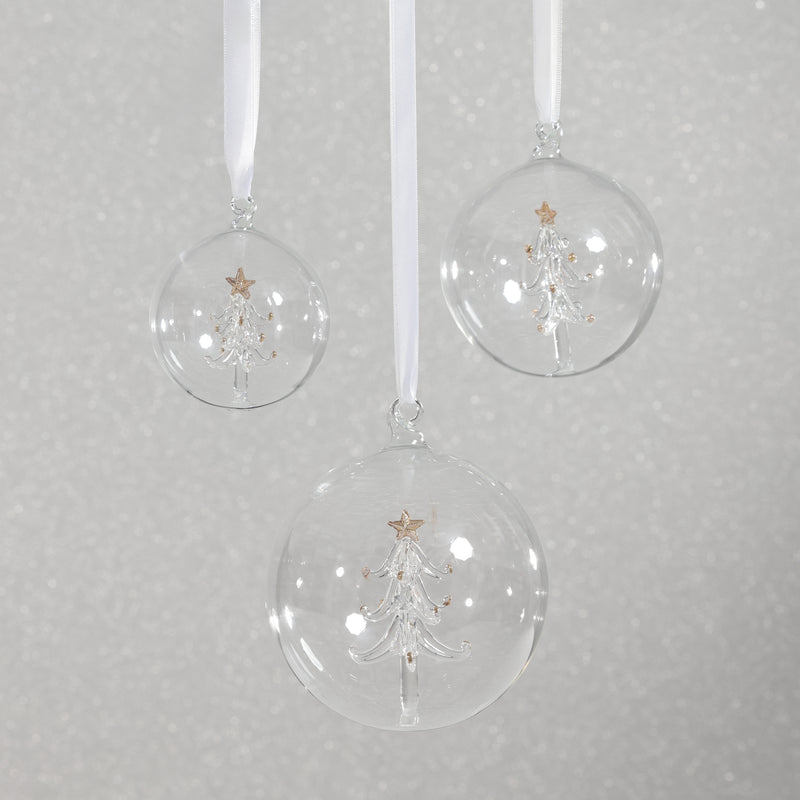 Zodax Clear Glass Ball Ornaments with Holiday Motif, Set of 6, Tree, 4"