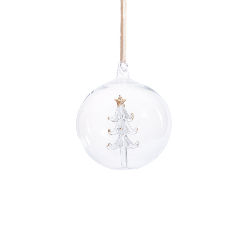 Zodax Clear Glass Ball Ornaments with Holiday Motif, Set of 6, Tree, 4"