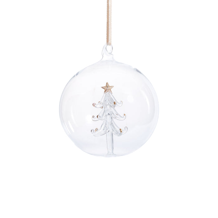 Zodax Clear Glass Ball Christmas Ornaments with Holiday Motif, 4.75", Set of 4, Tree