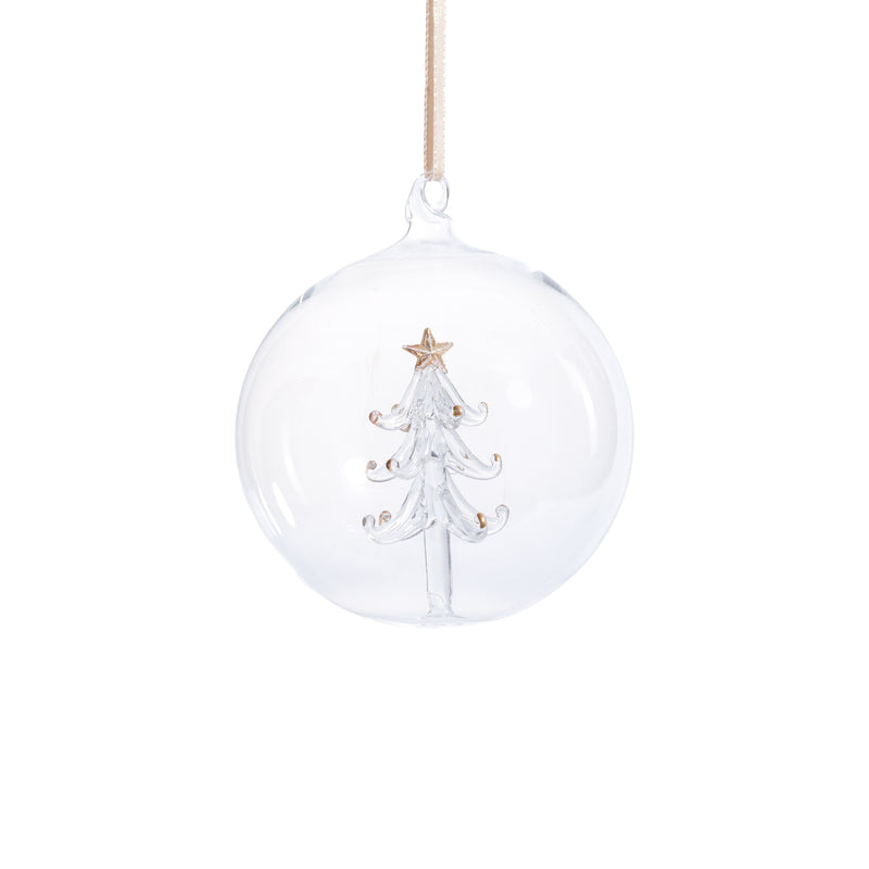 Zodax Clear Glass Ball Christmas Ornaments with Holiday Motif, 4.75", Set of 4, Tree