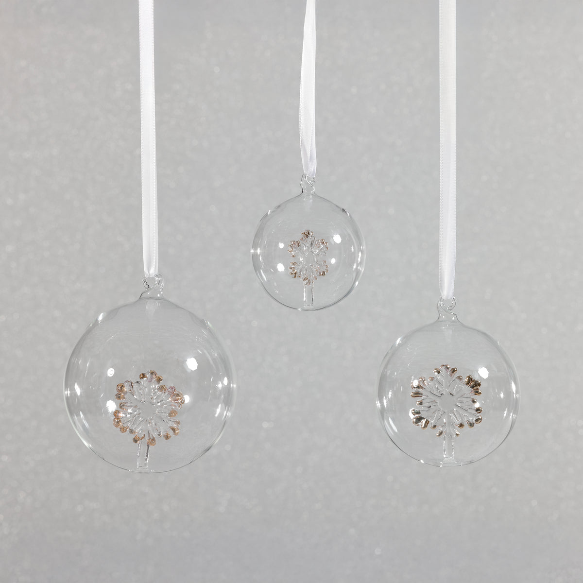 Zodax Clear Glass Ball Ornaments with Holiday Motif, Set of 6, Snowflake, 3.25"