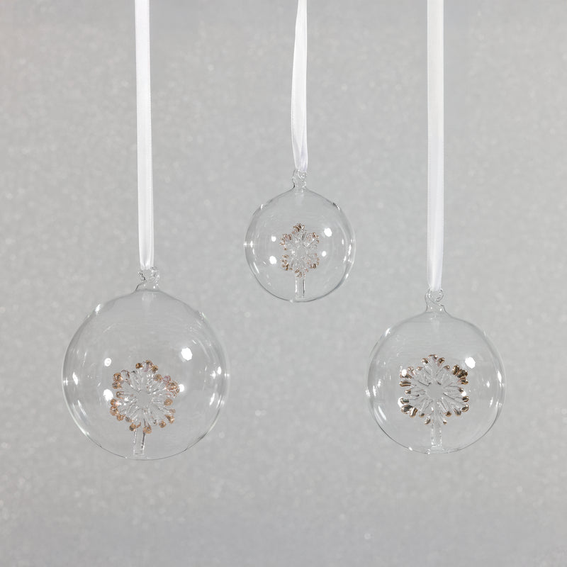 Zodax Clear Glass Ball Christmas Ornaments with Holiday Motif, 4.75", Set of 4, Snowflake