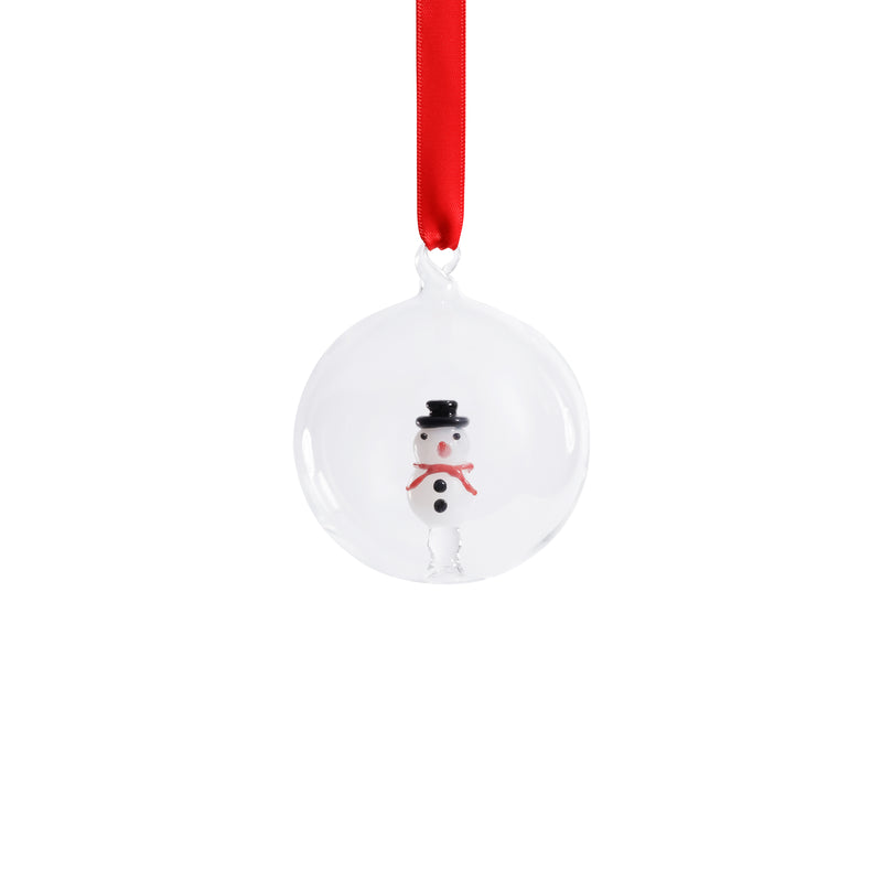 Zodax Clear Glass Ball Ornaments with Holiday Motif, Set of 6, Snowman, 3.25"