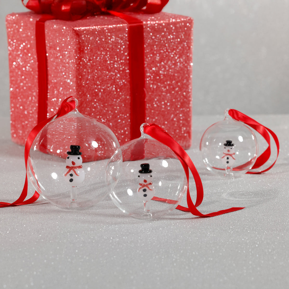 Zodax Clear Glass Ball Christmas Ornaments with Holiday Motif, 4.75", Set of 4, Snowman