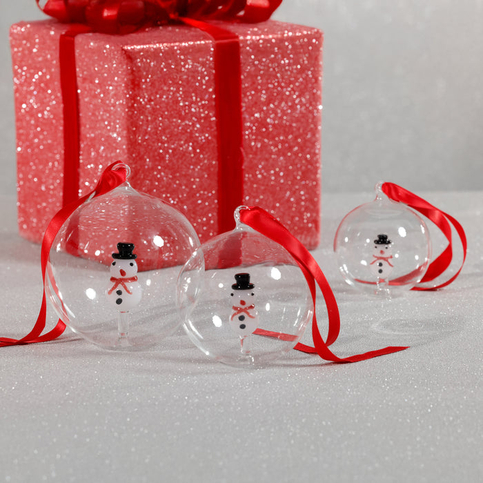 Zodax Clear Glass Ball Christmas Ornaments with Holiday Motif, 4.75", Set of 4, Snowman