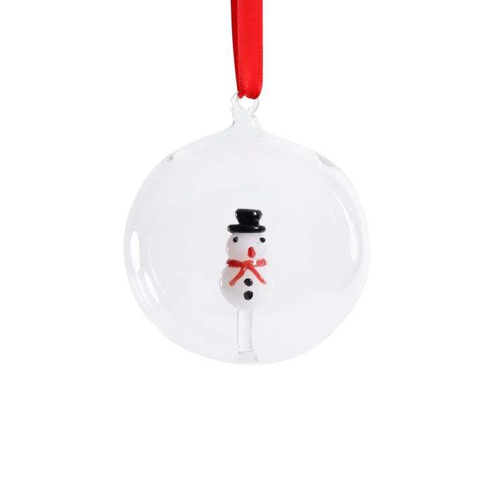 Zodax Clear Glass Ball Christmas Ornaments with Holiday Motif, 4.75", Set of 4, Snowman