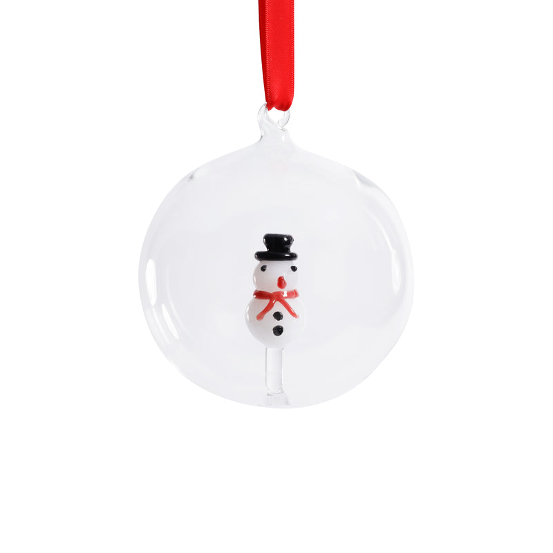 Zodax Clear Glass Ball Christmas Ornaments with Holiday Motif, 4.75", Set of 4, Snowman