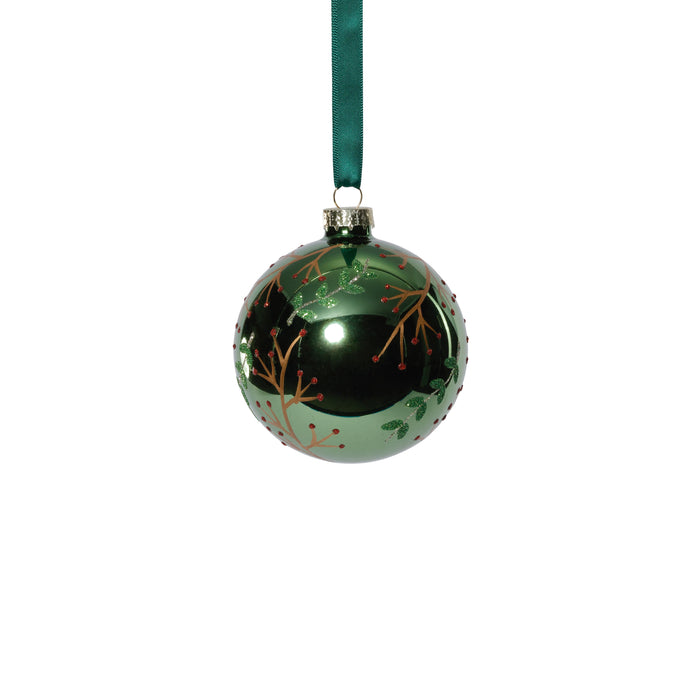 Zodax Shiny Green Metallic Glass Ball Ornaments with Gold Leaf & Twig Design, Set of 6, 3.25"