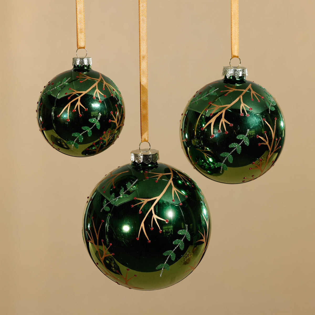 Zodax Shiny Green Metallic Glass Ball Ornaments with Gold Leaf & Twig Design, Set of 6, 4"