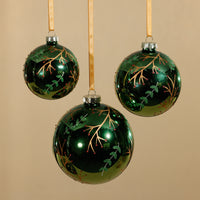 Zodax Shiny Green Metallic Glass Ball Ornaments with Gold Leaf & Twig Design, Set of 6, 4"