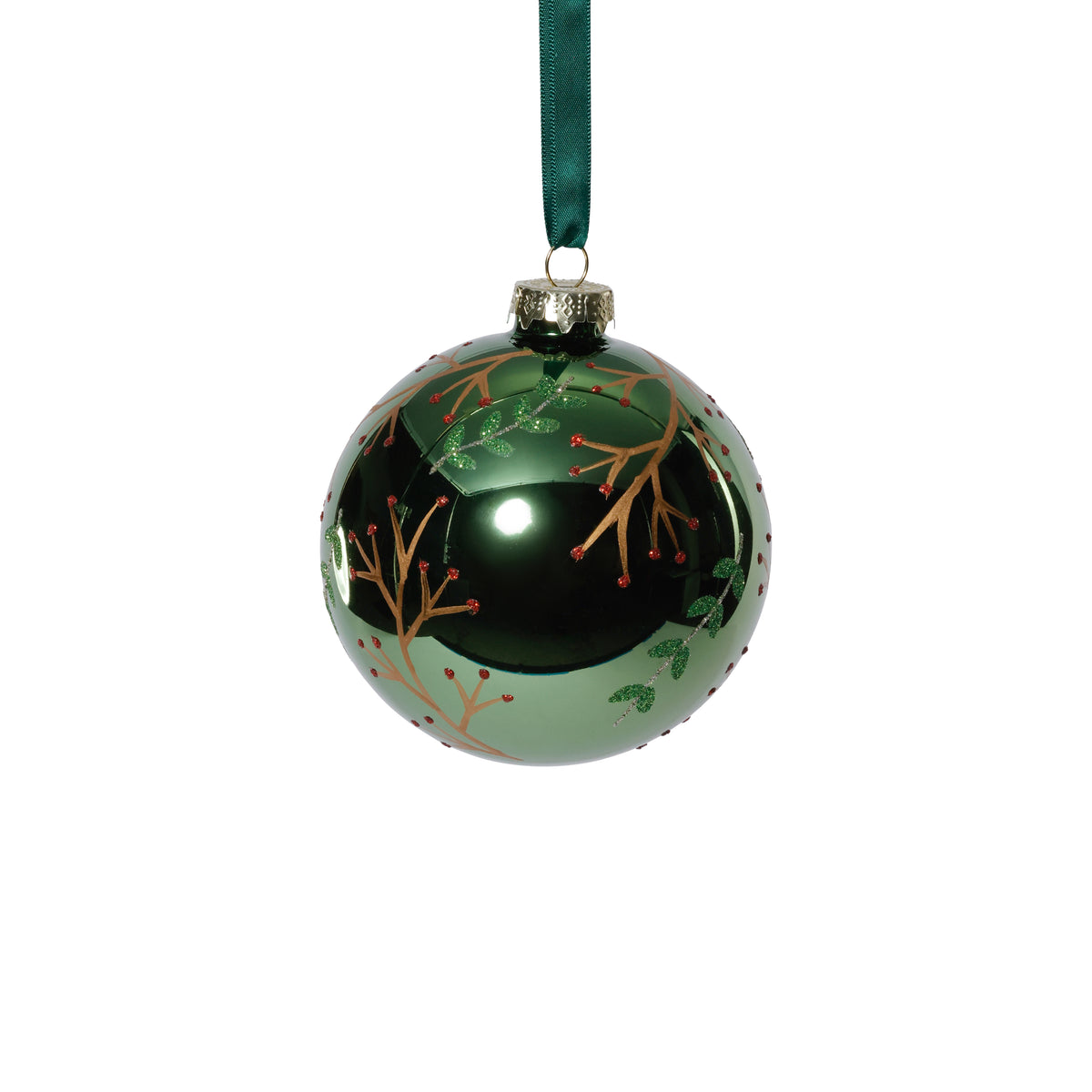 Zodax Shiny Green Metallic Glass Ball Ornaments with Gold Leaf & Twig Design, Set of 6, 4"