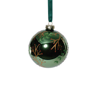 Zodax Shiny Green Metallic Glass Ball Ornaments with Gold Leaf & Twig Design, Set of 6, 4"